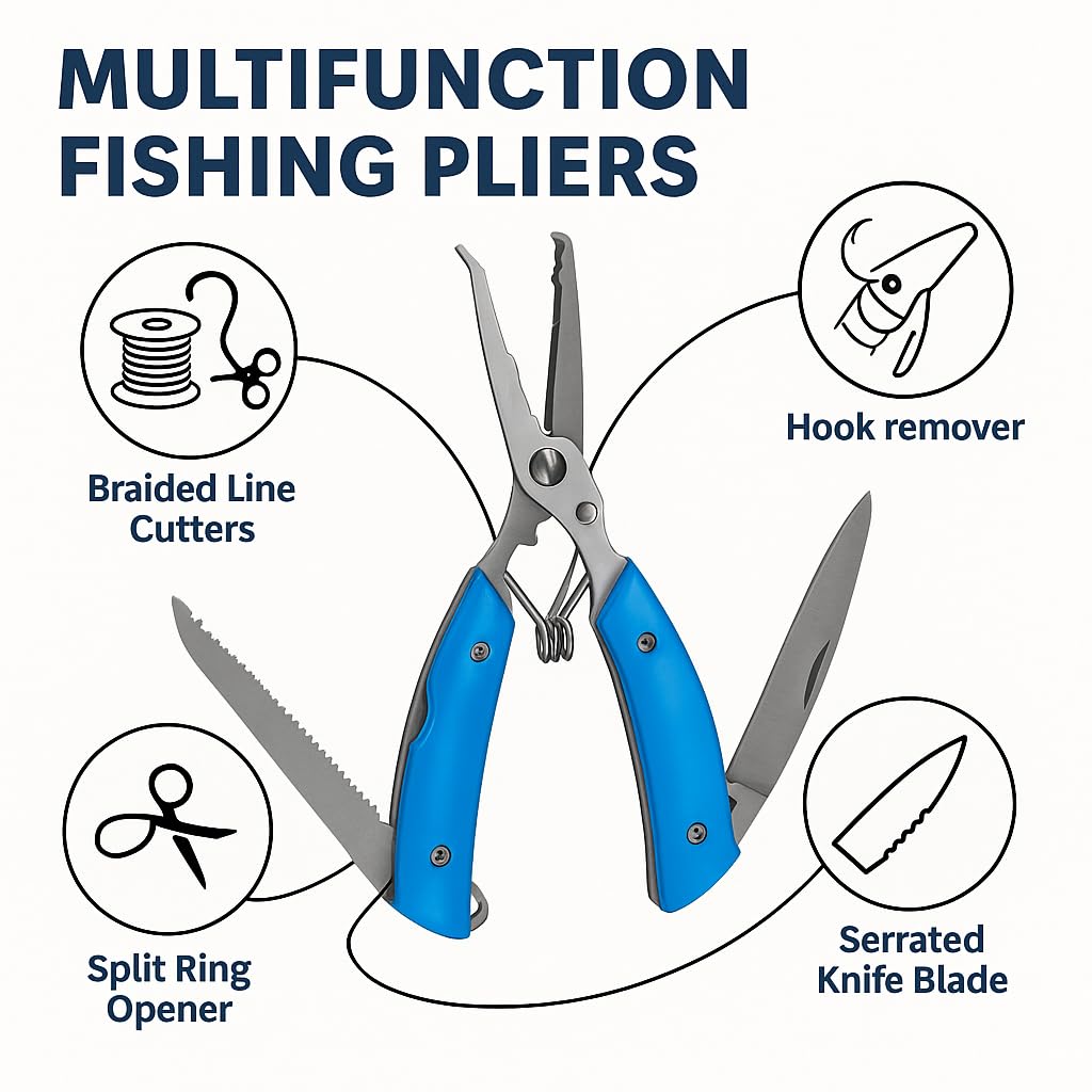 PetzLifeWorld Long Nose Fishing Pliers with Knife & Protective Cover – Rust-Resistant Multi-Tool for Hook Removal, Line Cutting, Split Ring – Stainless Steel Pliers for Saltwater/Freshwater Use