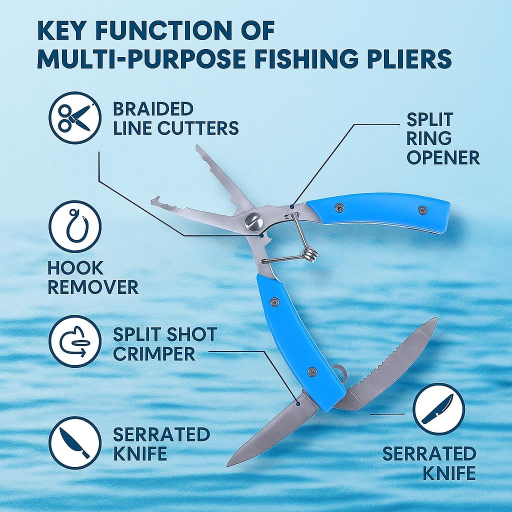 PetzLifeWorld Long Nose Fishing Pliers with Knife & Protective Cover – Rust-Resistant Multi-Tool for Hook Removal, Line Cutting, Split Ring – Stainless Steel Pliers for Saltwater/Freshwater Use
