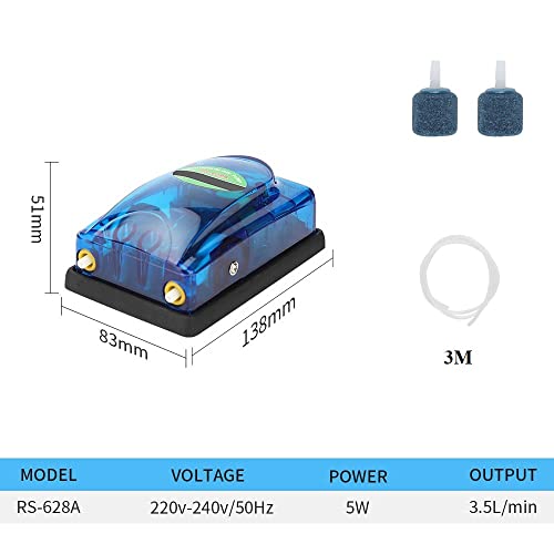 RS Electrical RS-628A Aquarium Tank Aerator Super Silent Oxygen air Pump with 3 Meter Air Tube & 2 Air Stone| Power: 5w | Flow : 3.5L/Min
