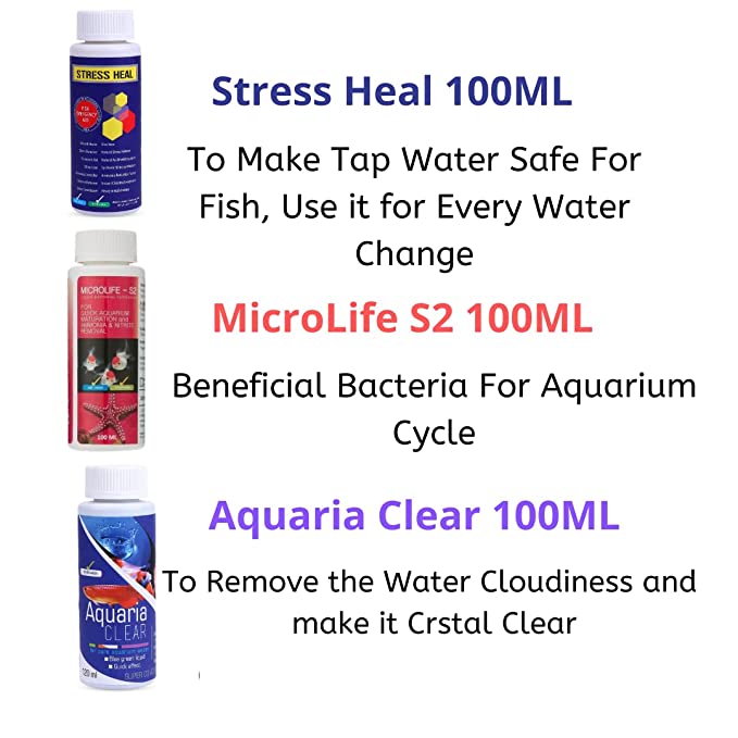 Aquatic Remedies Aquarium Fish Tank Must Have Starter Combo  (Stress Heal + Aquaria Clear + MicroLife S2) 3 * 100 ML - 3 Pcs Combo Starter Pack