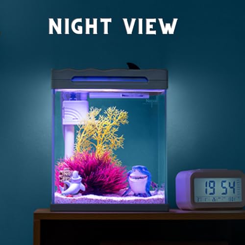 Nepall Ultra Clear Mini Shark Model Complete Desktop Aquarium Fish Tank (22 * 22 * 26 CM) with 5MM Thickness | 4 Watts 450L/Hr Top Filter | 6.5W 4 Row WRGB LED for Gifting and Home Docoration