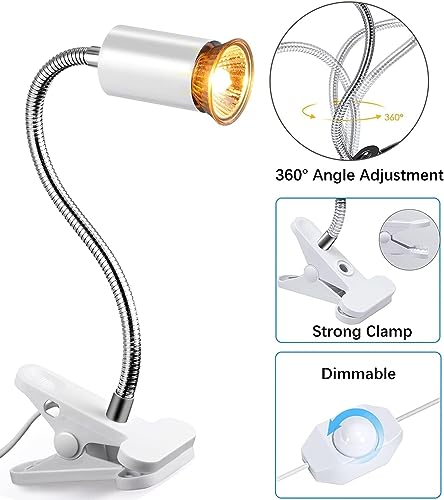 YEE White Reptile Heat Lamp, UVA UVB Light for Aquarium Turtle Tank, with 50w Basking Bulb and 360° Swivel Clamp Stand for Tortoise, Snake, Frog, Lizard, Cockatoo, Chameleon. Halogen, Yellow Light