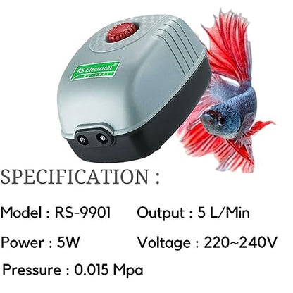 RS Electrical (RS-9901) Adjustable Type and Super Noiseless Aquarium Air Pump with Free Airtube and 2 Air Stone | Output : 5L/Min | Power :5W | Pressure : 0.015mpa (2 Air Outlets)