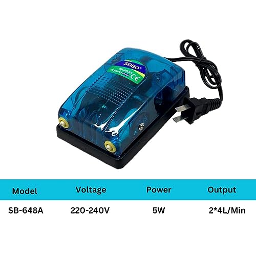 SOBO (SB-648A) Energy Saving Design Air Pump for Aquarium Fish Tank with Free 3 Meter Air Tube, 2 Air Stone and 2 Check Valve | Double Outlet | Power : 5W | Output : 2 * 4L/Min