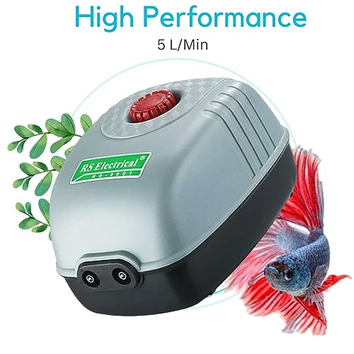RS Electrical (RS-9901) Adjustable Type and Super Noiseless Aquarium Air Pump with Free Airtube and 2 Air Stone | Output : 5L/Min | Power :5W | Pressure : 0.015mpa (2 Air Outlets)