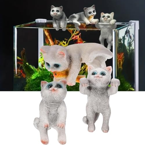 PetzLifeworld 3 Pcs Cute Tiny Hanging Grey Kitten Cat On Fish Tank, Flower Pot Climber Mini Cat Statue, Desktop Hanging Ornament Decoratio