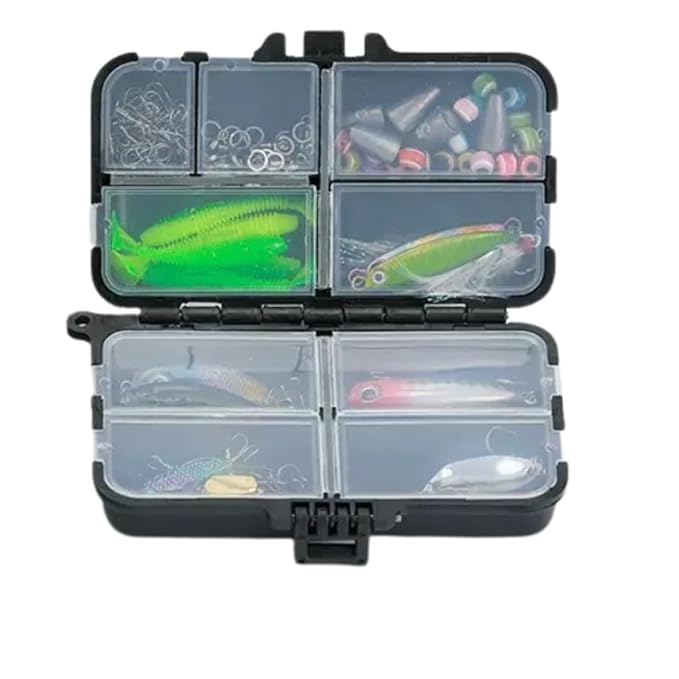 petzlifeworld Mini  and small Portable Fishing Tackle Box, 1pc Black Multi-Compartment Organizer with Lockable Lid & Design, Durable Lure Storage Case for Hooks, Rigs & Fishing Gear, Ideal for Anglers & Outdoor Use