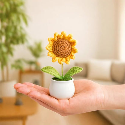 Petzlifeworld Crochet Sunflower in White Pot (1PC) – Handmade Knitted Flower Desk Decor, Car Dashboard Ornament, Sympathy & Condolence Gift for Teachers, Colleagues & Loved Ones (12cm)
