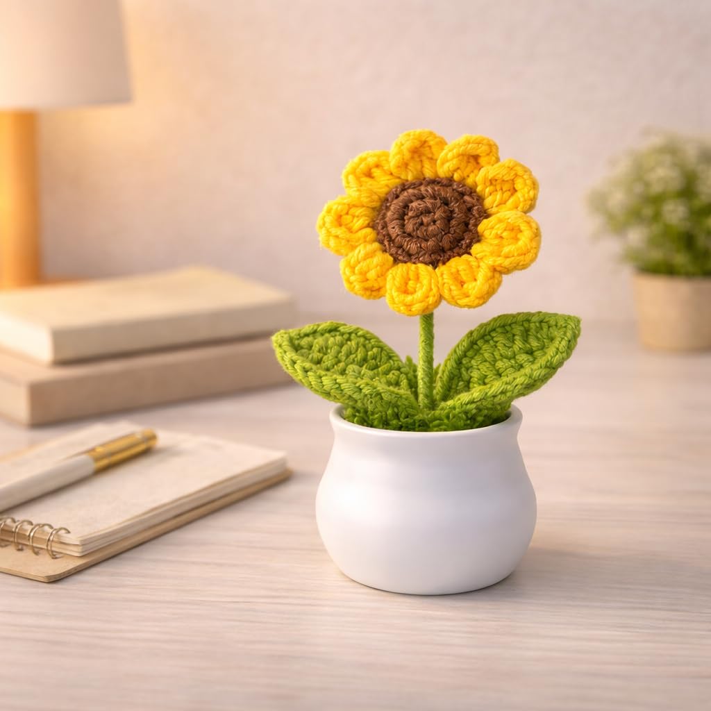 Petzlifeworld Crochet Sunflower in White Pot (1PC) – Handmade Knitted Flower Desk Decor, Car Dashboard Ornament, Sympathy & Condolence Gift for Teachers, Colleagues & Loved Ones (12cm)
