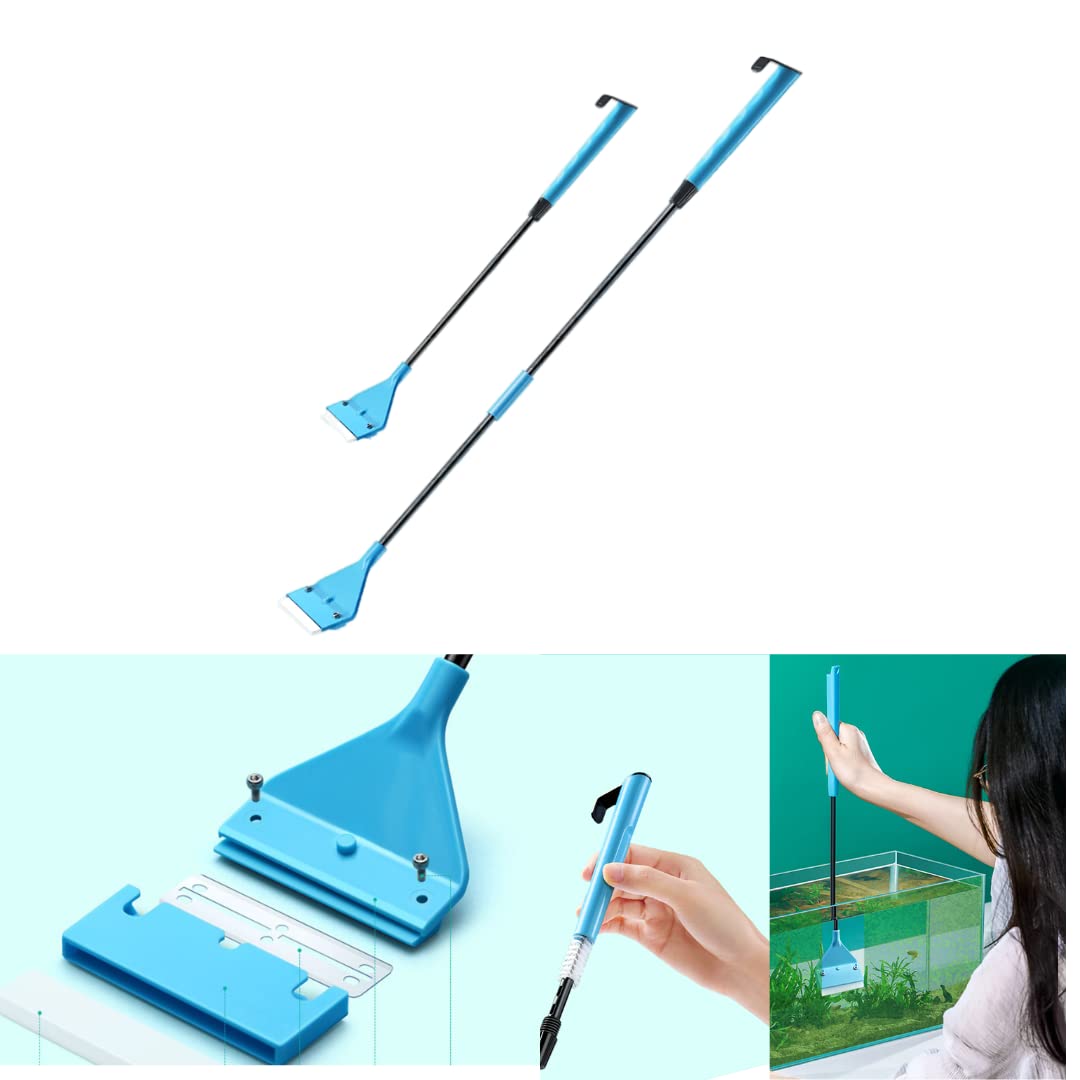 Nepall 2 in 1 Silicon Tip Extendable Long Algae Scrapper with Rock and Wood Algae Cleaning Brush On Handle (42-62) Cm and 10 Blades for Aquarium Fish Tank Cleaning