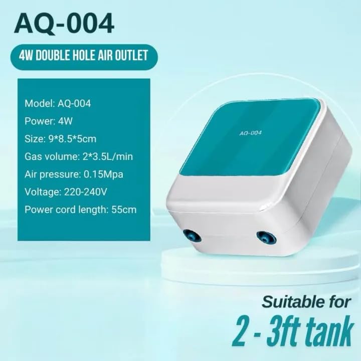 SOBO AQ-004 Aquarium Air Pump – Ultra Silent 2-Way Dual Outlet (2×3.5 L/Min), 4W High Oxygen Air Pump with 3m Tube, 2 Airstones & 2 Check Valve for Fish Tanks