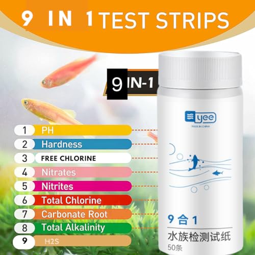 YEE 9 in 1 Aquarium 50 Test Strips for Freshwater Saltwater,Test Kit with Quick and Accurate, Pond Fish Tank and Swimming Pool Test Strips Testing Nitrite,Nitrate,Clorine,pH and More