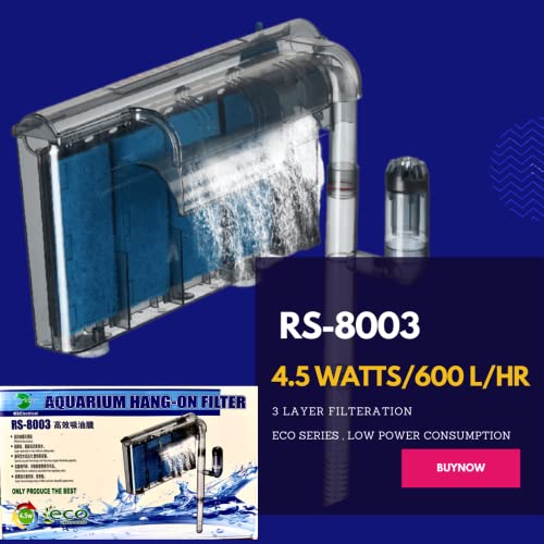 RS Electrical RS - 8003 Eco Green Series Slim Hang On Filter with Surface Skimmer, 3 Layer Filteration | Low Power Consumption | Low Noise | 4.5W - 600L/Hr | Suitable for 3 to 4 Feet Tank
