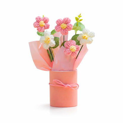 petzlifeworld Handmade Crochet Flower Bouquet with Pink Vase – Artificial Pink & White Daisy Flowers in Gift Box | Cute Home Decor for Desk, Bedroom, Office for Girls, Couples & Friends