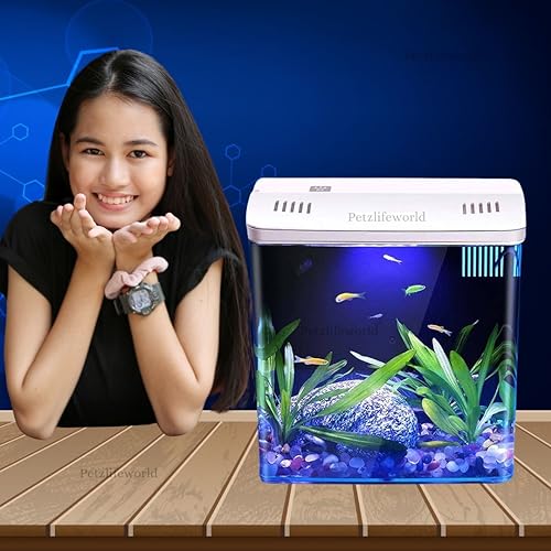 Bluepet Mini Square Shape Aquarium Small Desktop Home Decortive Fish Tank with USB Connector, Multi Mode LED Light, Ultra Silent Pump for Small Fishes (BL 04 ,Size : 20x14x20CM)