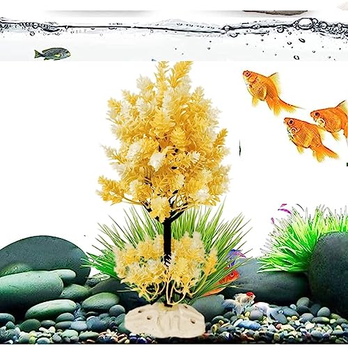 PetzLifeworld 10 Inch (26 * 12 * 12 Cm) Yellow with White Colour Bush Plastic Aquarium Tree for Fish Tank Ornament Natural Design Decorations (ST-1010)