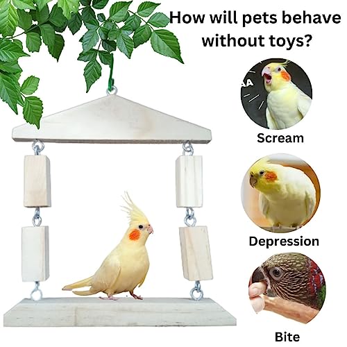 Petzlifeworld Square Shape Natural Wood Hanging Swing Birds Cage Accessories Toy for Love Birds, Budgie, Cockatiel, etc.
