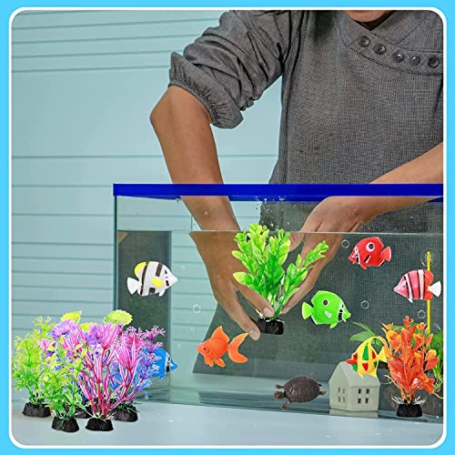 PetzLifeworld Aquarium Fish Tank Decorative Artificial 4 inch Small Plants and Plastic Fish (9 Plants + 9 Fish) Random Plants and Fish