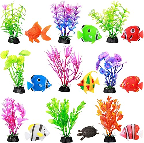 PetzLifeworld Aquarium Fish Tank Decorative Artificial 4 inch Small Plants and Plastic Fish (9 Plants + 9 Fish) Random Plants and Fish