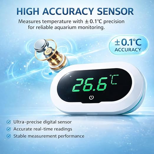 YEE Digital Aquarium Thermometer with LCD Display, High Accuracy ±0.1°C Fish Tank Temperature Monitor, Touch Wake-Up Screen, 0-50°C Temperature Range