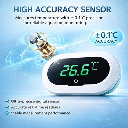 YEE Digital Aquarium Thermometer with LCD Display, High Accuracy ±0.1°C Fish Tank Temperature Monitor, Touch Wake-Up Screen, 0-50°C Temperature Range
