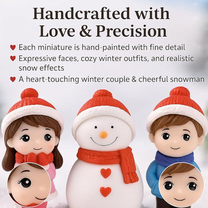 Petzlifewolrd (3 Pcs Resin Winter Couple & Snowman Miniature Figurines – Handcrafted Christmas Mini Scene Decor | Festive Tabletop, Car, or Shelf Display | Cute Valentine’s Day