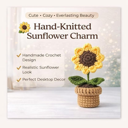 petzlifeworld Hand-Knitted Sunflower Potted Plant, Crochet Artificial Flower Decoration, Mini Yarn Knitted Sunflower Pot, Cute Desktop Decor, Handmade Simulation Flower Gift for Home Office Table Decor