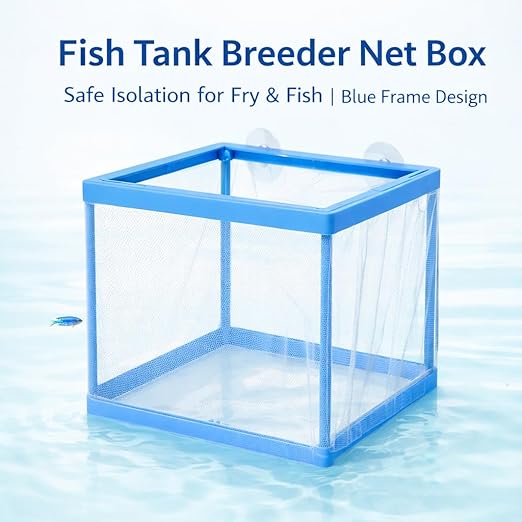 petzlifeworld FS-01 Fish Tank Breeder Net Box with Suction Cups | Blue Mesh Fry Saver for Aquarium | Isolation Box for Baby, Injured & Aggressive Fish