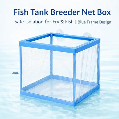 petzlifeworld FS-01 Fish Tank Breeder Net Box with Suction Cups | Blue Mesh Fry Saver for Aquarium | Isolation Box for Baby, Injured & Aggressive Fish