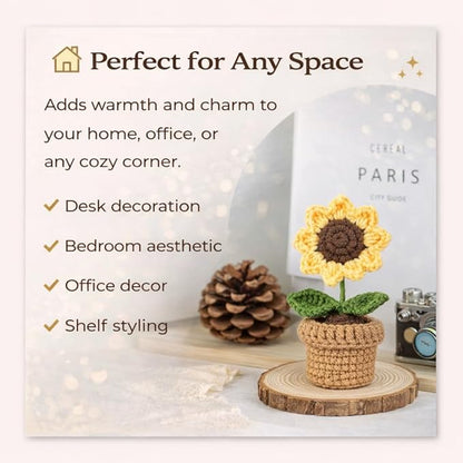 petzlifeworld Hand-Knitted Sunflower Potted Plant, Crochet Artificial Flower Decoration, Mini Yarn Knitted Sunflower Pot, Cute Desktop Decor, Handmade Simulation Flower Gift for Home Office Table Decor