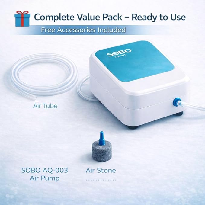 SOBO Super Silent Aquarium Air Pump AQ-003 | 3W Single Outlet Oxygen Pump | 3L/min Output | Includes 1M Air Tube & Air Stone
