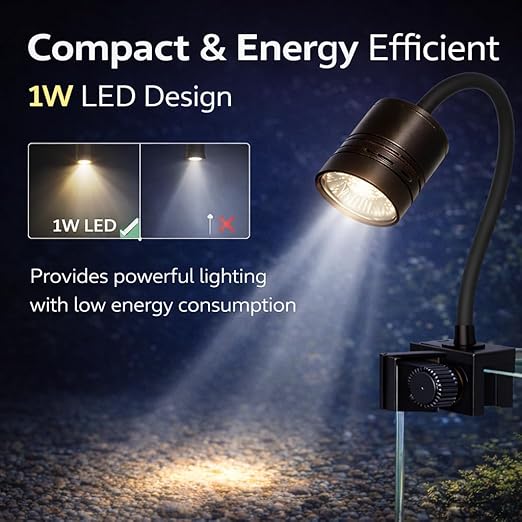 Petzlifeworld Mini LED Aquarium Spotlight 1W | Adjustable Focus Warm Light | Waterproof Submersible Lamp for Fish Tank & Aquarium Plants | Compact Clip-On Design Brand: VAYINATO