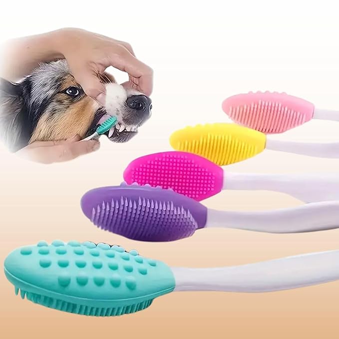 Petzlifeworld 4-Pack Silicone Curved Long Handle Toothbrush for Small & Large Dogs (Random Color) Dual-Sided Gentle Teeth & Tongue Cleaning Brush