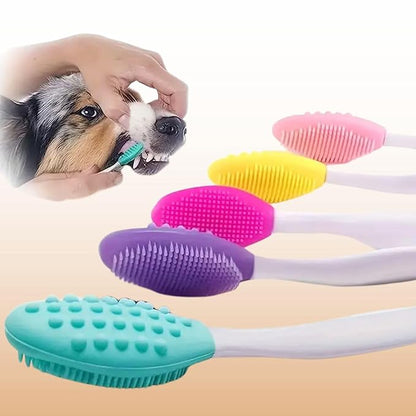 Petzlifeworld 4-Pack Silicone Curved Long Handle Toothbrush for Small & Large Dogs (Random Color) Dual-Sided Gentle Teeth & Tongue Cleaning Brush