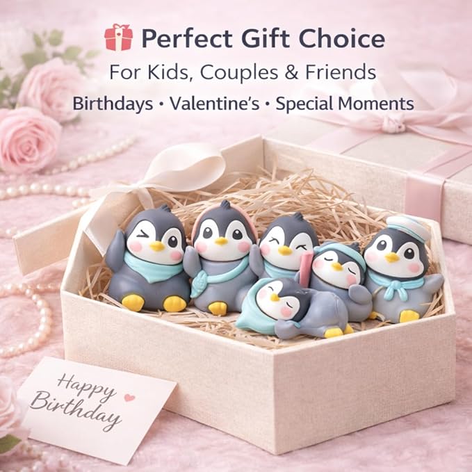 petzlifeworld 6 Pcs Cute Winter Penguin Miniature Figurines – Resin Mini Penguins for Home Decor, Car Dashboard, Office Desk Decoration – Adorable Gift for Kids, Couples & Friends