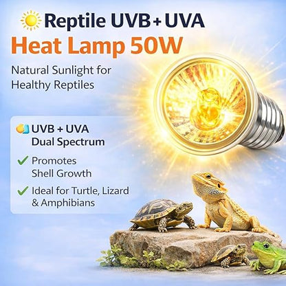 Petzlifeworld  1 Pcs Reptile UVB + UVA Heat Lamp  E27 Base, Basking Light for Turtle Tortoise Lizard Frog Snake, Dual Spectrum UV Light for Calcium Growth & Heating, Terrarium Aquarium Bulb