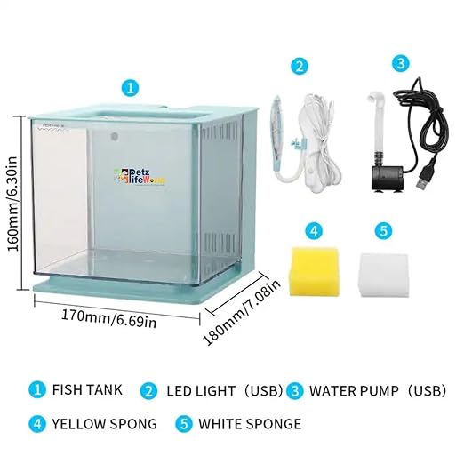 Petzlifeworld BL-06 Compact Acrylic Fish Aquarium Tank with Internal Back Filter and USB Leafy Type LED Light for Home or Office Desktop (2.5-Liter Capcity, Color Vay Vary)