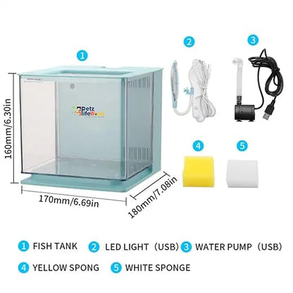Petzlifeworld BL-06 Compact Acrylic Fish Aquarium Tank with Internal Back Filter and USB Leafy Type LED Light for Home or Office Desktop (2.5-Liter Capcity, Color Vay Vary)