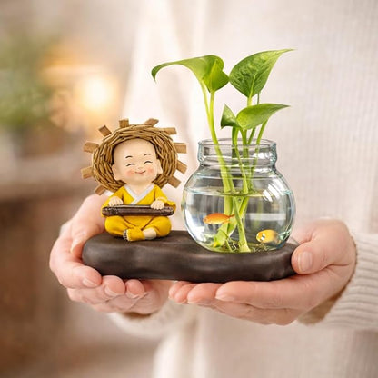Petzlifeworld Resin Little Buddha Monk with Hydroponic Plant Vase Glass Bowl – Cute Zen Monk Figurine Planter for Indoor Plants, Desktop Table Decor, Hydroponic Pothos Holder for Home Office Decoration