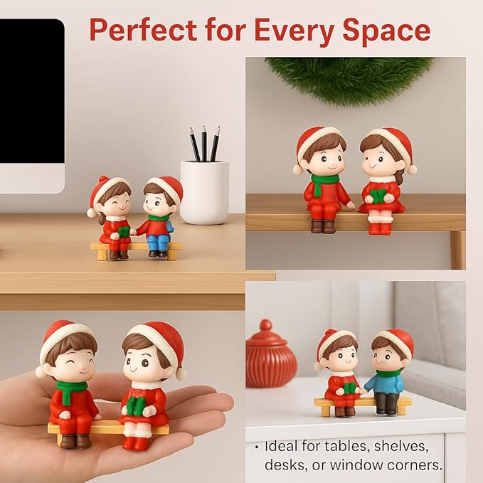 Petzlifeworld Sitting Christmas Couple Mini Figurines – Cute Resin Holiday Ornament | Romantic Festive Decor for Home, Office, or Tabletop for Lovers & Couples