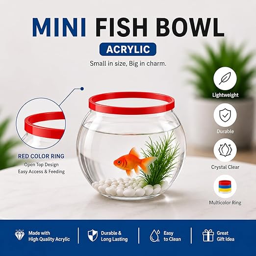 Petzlifeworld Mini Acrylic Fish Bowl (Bowl Only) with Open Ring Top (Random Color) 12.7 x 12.7cm Small Fish Tank for Betta, Goldfish | Cute Desktop Aquarium for Home, Office & Table Décor