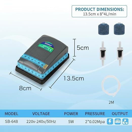 Sobo SB-648 Dual Outlet Silent Aquarium Qxygen Pump with Free 3 Meter Air Tube, 2 Air Stone and 2 Check Valve | Power : 5W | Output : 2 * 4L/min | Pressure : 2 * 0.02mpa