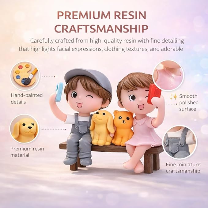 Petzlifeworld Romantic Couple Miniature Figurine with Pets – Cute Bench Resin Statue for Home Decor, Car Dashboard Ornament, Mini Garden Landscape Decoration, Anniversary Wedding Birthday Gift for Couples
