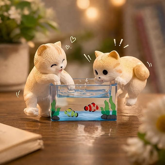 petzlifeworld (3 Pcs Set Mini Cute Cat & Mini Fish Tank | Resin Desktop Decor | Kawaii Cat Figurines for Desk, Aquarium, Dollhouse & Gift | Lightweight, Durable, and Vompact in Size