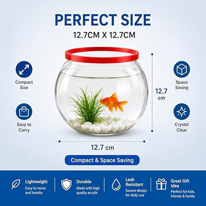 Petzlifeworld Mini Acrylic Fish Bowl (Bowl Only) with Open Ring Top (Random Color) 12.7 x 12.7cm Small Fish Tank for Betta, Goldfish | Cute Desktop Aquarium for Home, Office & Table Décor