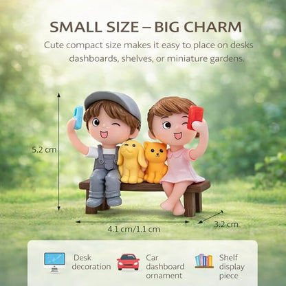 Petzlifeworld Romantic Couple Miniature Figurine with Pets – Cute Bench Resin Statue for Home Decor, Car Dashboard Ornament, Mini Garden Landscape Decoration, Anniversary Wedding Birthday Gift for Couples