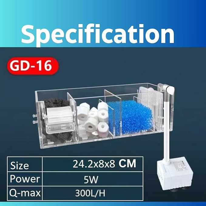 Petzlifeworld Transparent Acrylic Multi Layer Top Sump Filter Box with Pump & Filter Pad, Bio Wheel (GD-16|5W|300L/Hr)