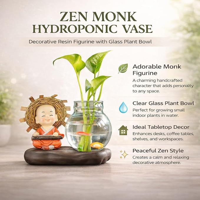 Petzlifeworld Resin Little Buddha Monk with Hydroponic Plant Vase Glass Bowl – Cute Zen Monk Figurine Planter for Indoor Plants, Desktop Table Decor, Hydroponic Pothos Holder for Home Office Decoration