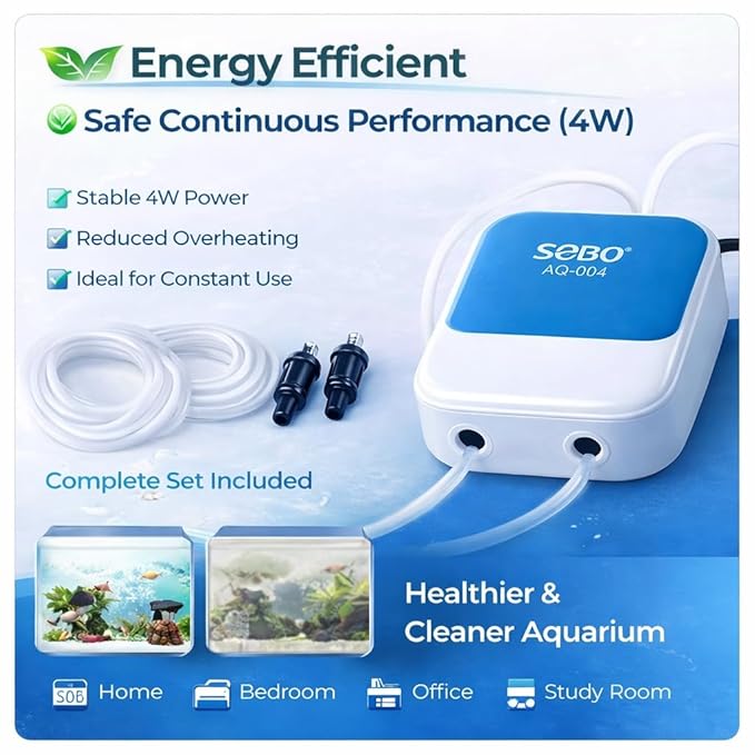 SOBO AQ-004 Aquarium Air Pump – Ultra Silent 2-Way Dual Outlet (2×3.5 L/Min), 4W High Oxygen Air Pump with 3m Tube, 2 Airstones & 2 Check Valve for Fish Tanks