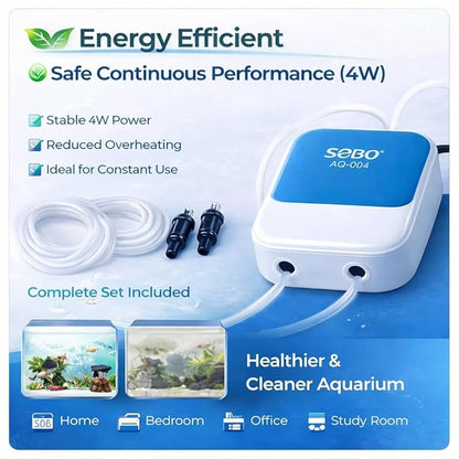 SOBO AQ-004 Aquarium Air Pump – Ultra Silent 2-Way Dual Outlet (2×3.5 L/Min), 4W High Oxygen Air Pump with 3m Tube, 2 Airstones & 2 Check Valve for Fish Tanks